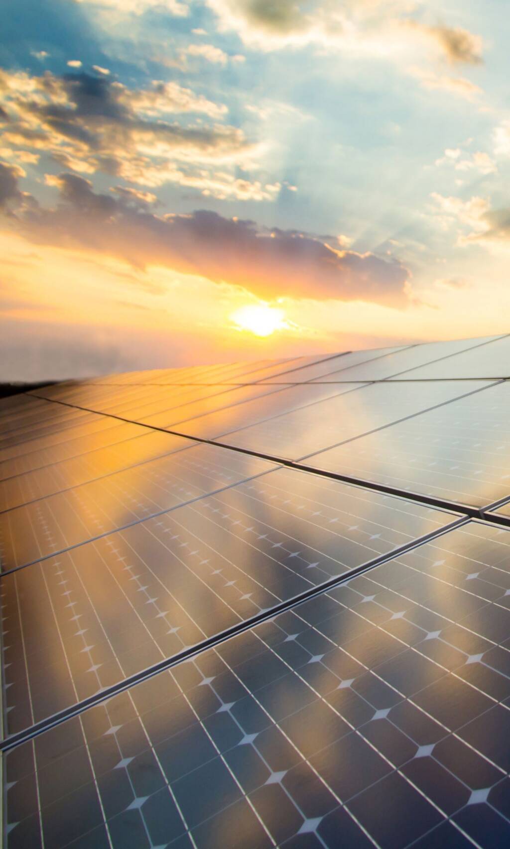 Photovoltaic modules on the background of sunset and cloudy sky